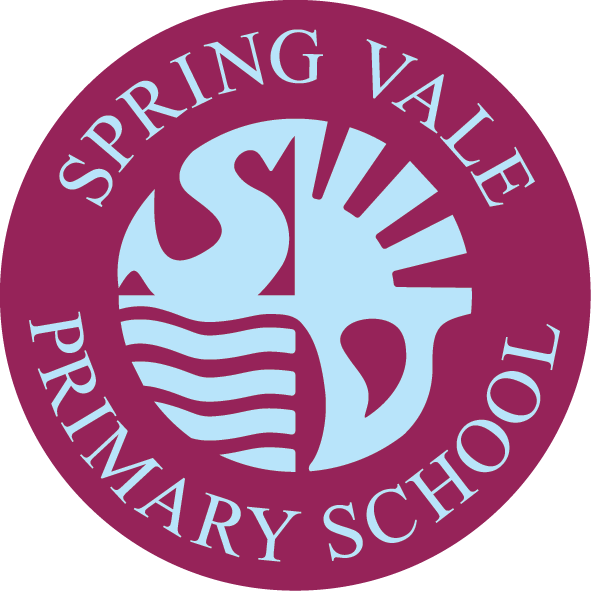 Logo for Spring Vale Primary School featuring a stylized leaf and water design in light blue with purple background and text.