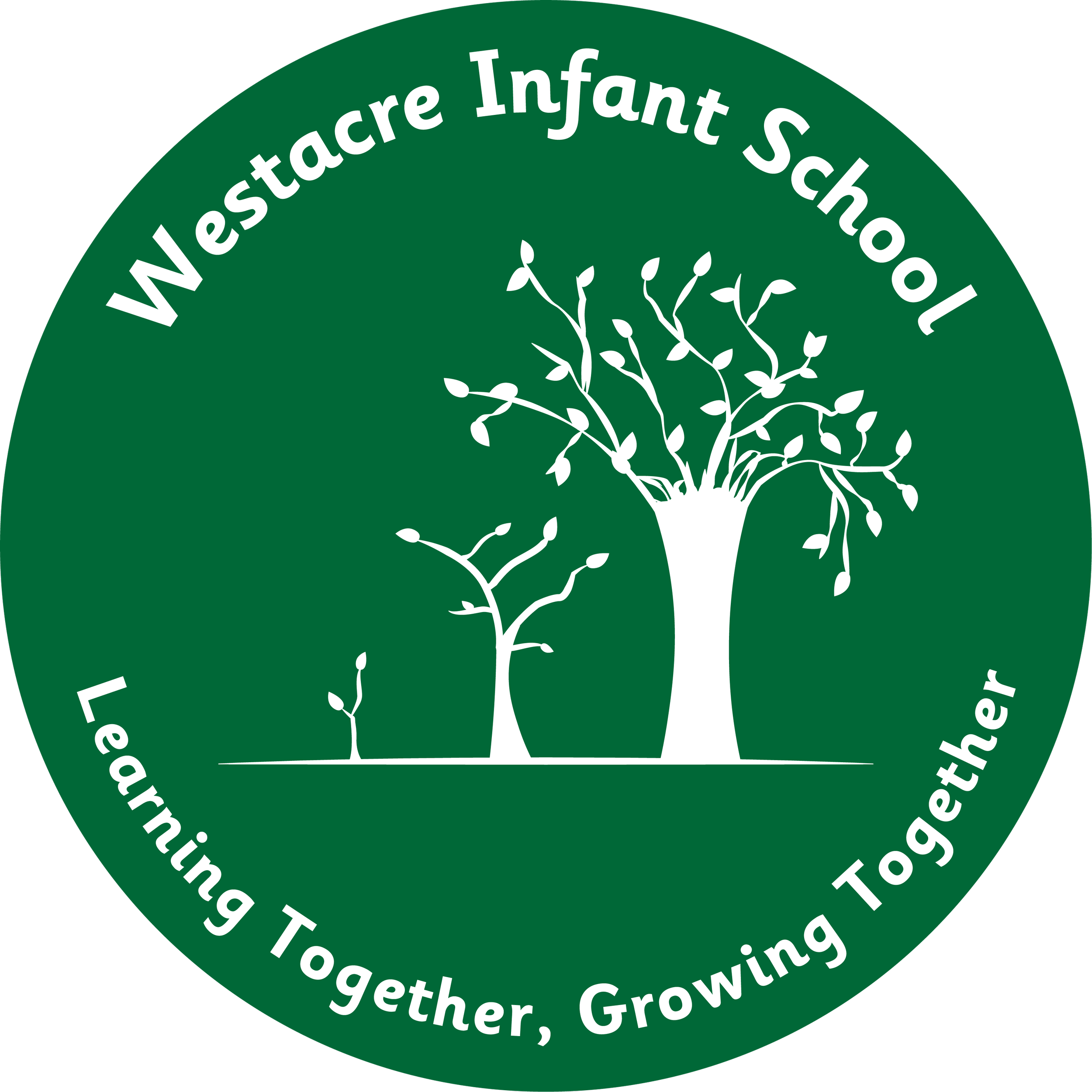Green circular logo with white text around the edges reading 'We Restore Infant School, Together, Growth, and Teaching'. The center features a white silhouette of a budding tree.