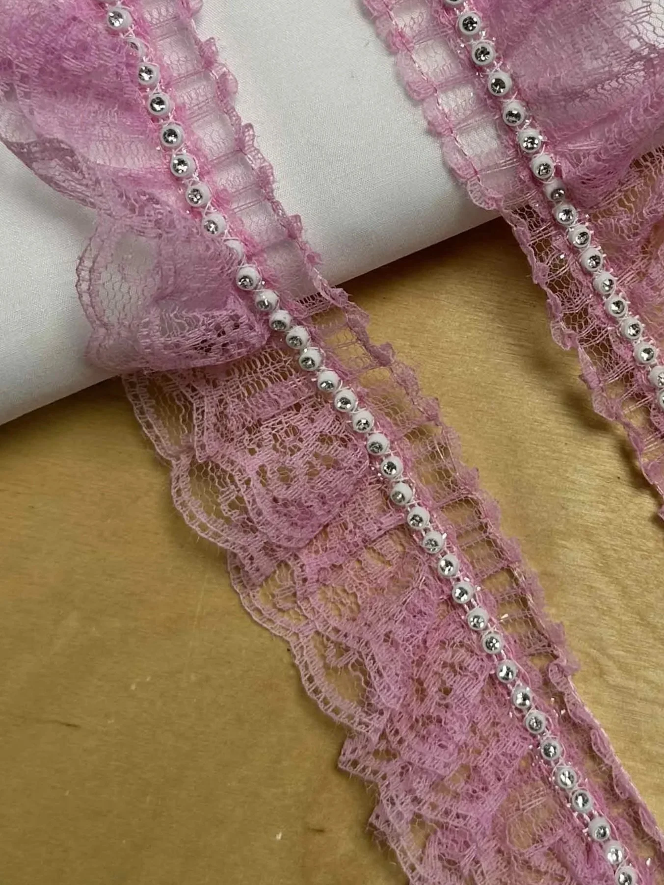 pink gathered Diamante & Lace 6cm Trim