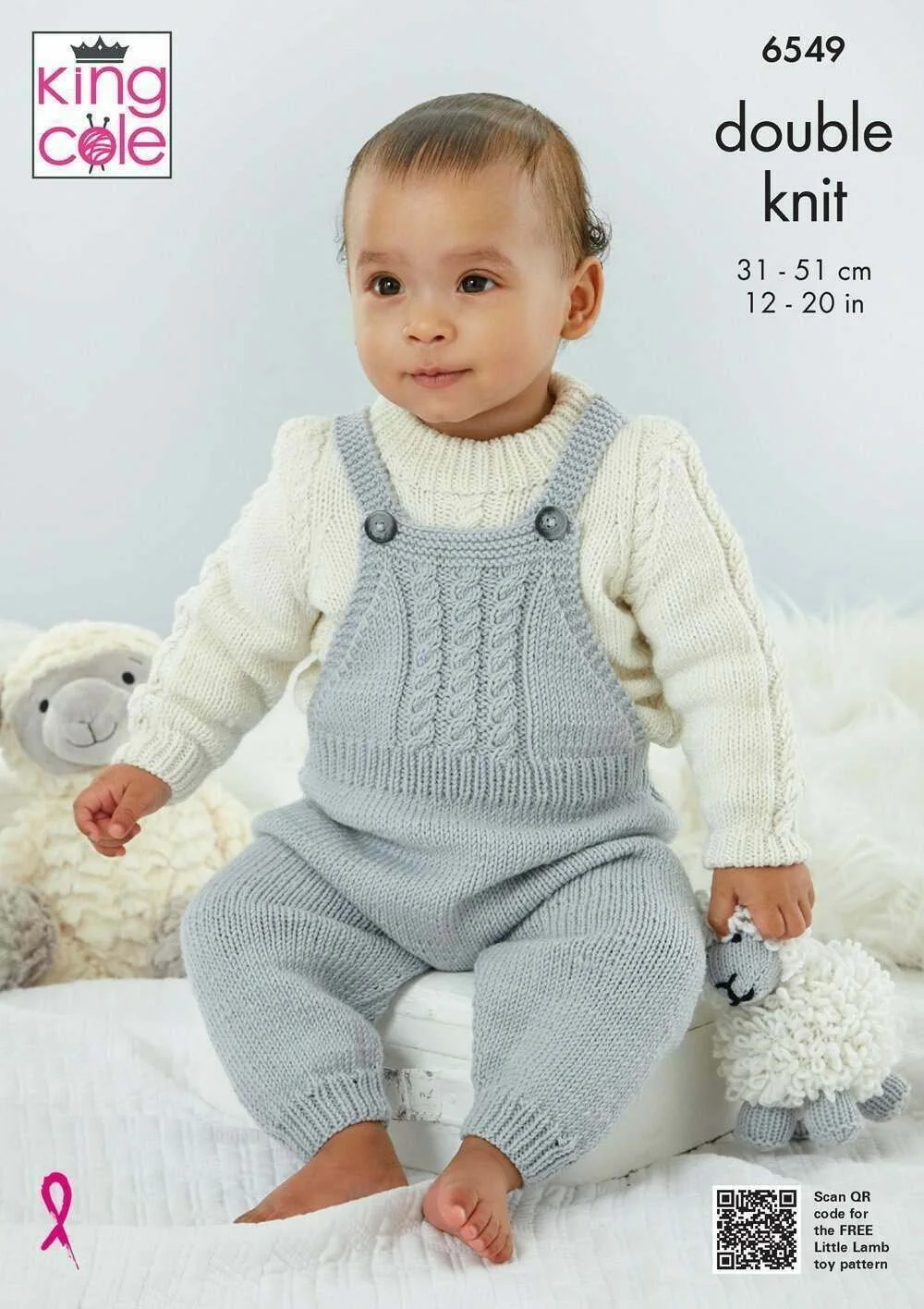 Dungarees, Pinafore, Sweater, Cardigan and Bootees in King Cole Little Lamb DK (6549) Leaflet