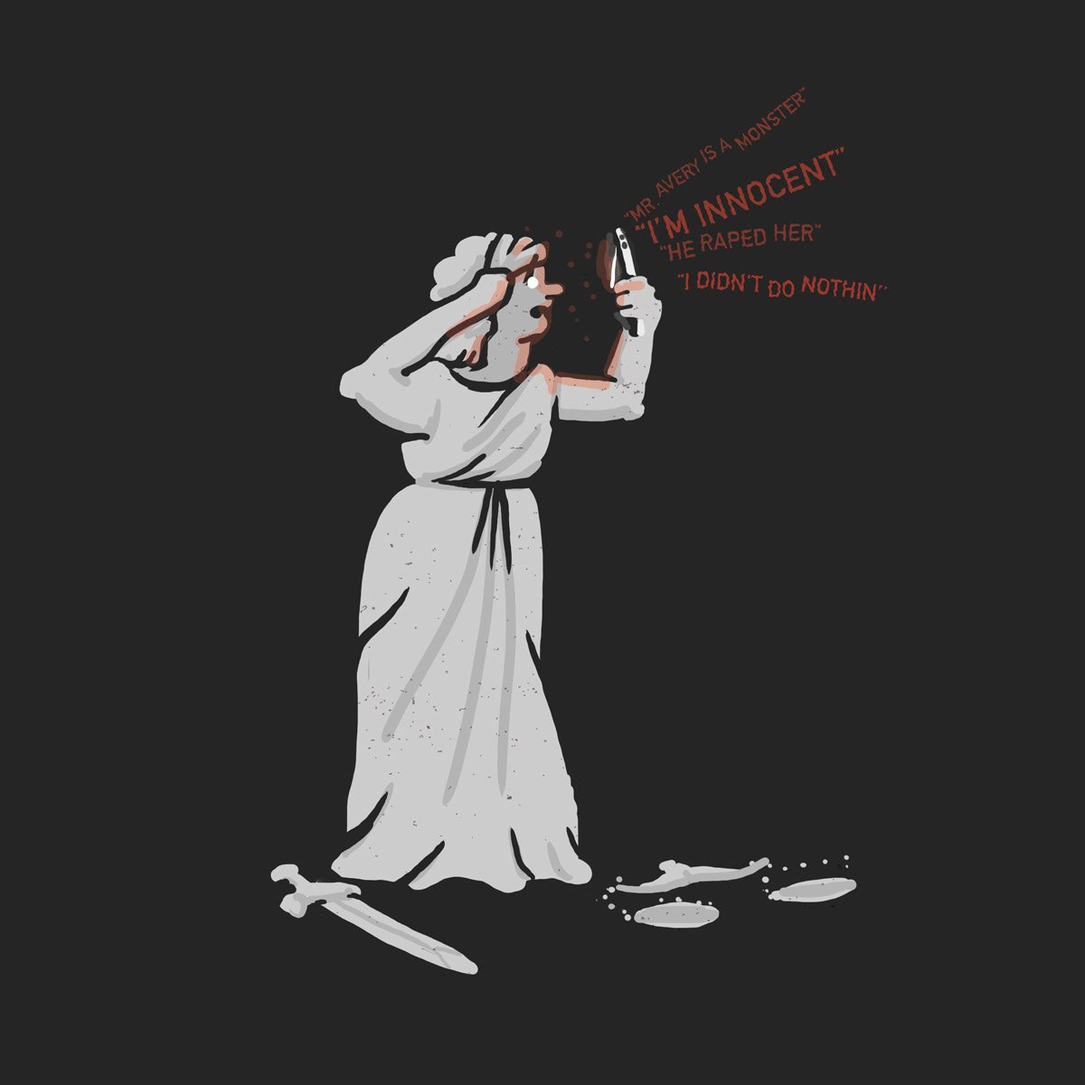 Lady Justice watching Netflix Killer True Crime Docs.