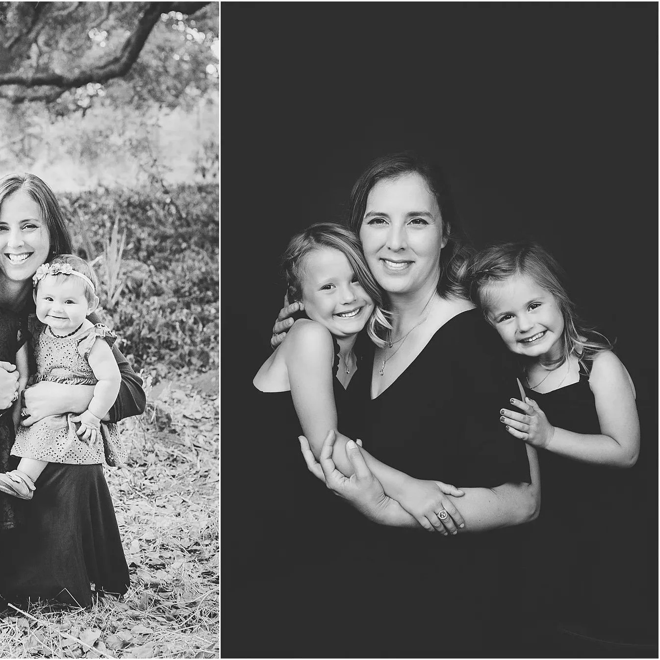 Black and white portrait of a woman with two young girls, all smiling and hugging each other.