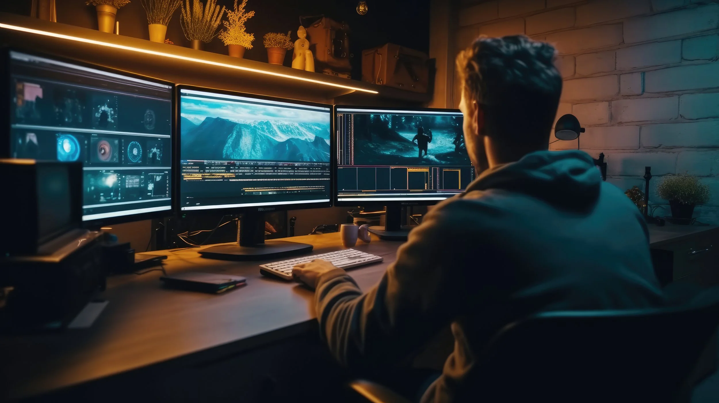 Person working in front of triple computer monitors displaying video editing software in a dimly lit room with decorative plants and wall shelves.