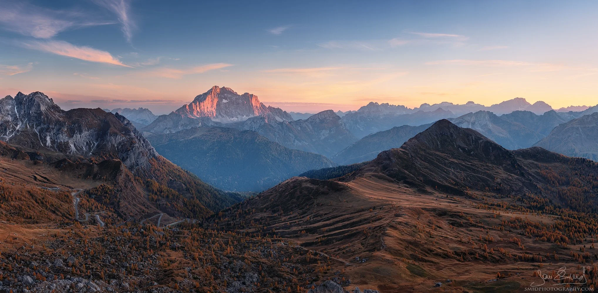 Sunset panorama titled "Last Moments" showing glowing Monte Civetta in the Dolomites by Jan Smid, Master QEP.