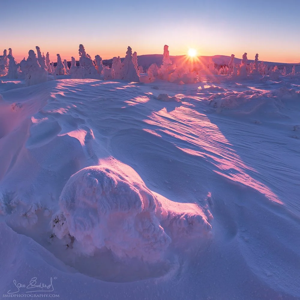 Panoramic winter landscape in the Giant Mountains titled Memories of Winter, featuring snow-covered trees at sunrise, by Jan Smid, Master QEP.