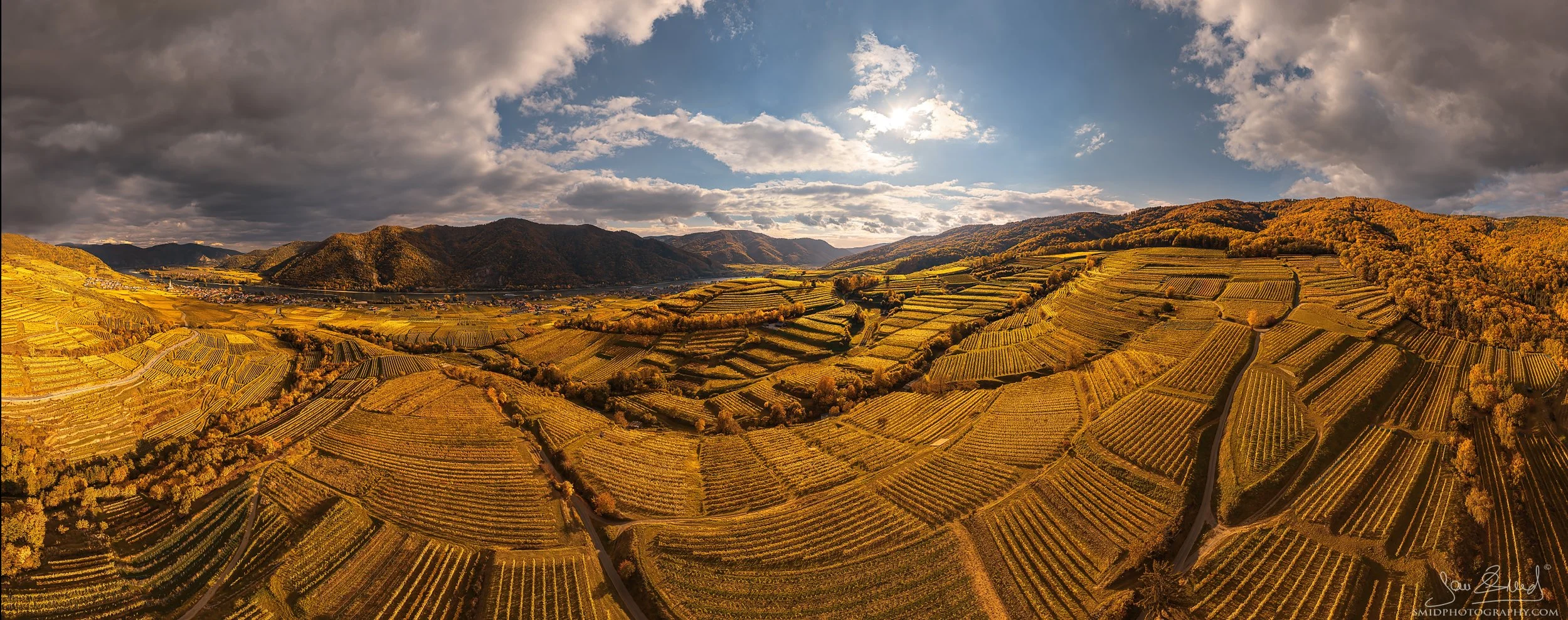 An extra-wide aerial drone panorama titled "Above the Golden Vineyards" (The Austrian Bali) showing the terraced autumn vineyards and the Danube river in Wachau, Austria. Captured by Jan Smid, Master QEP, during a 2021 private expedition.