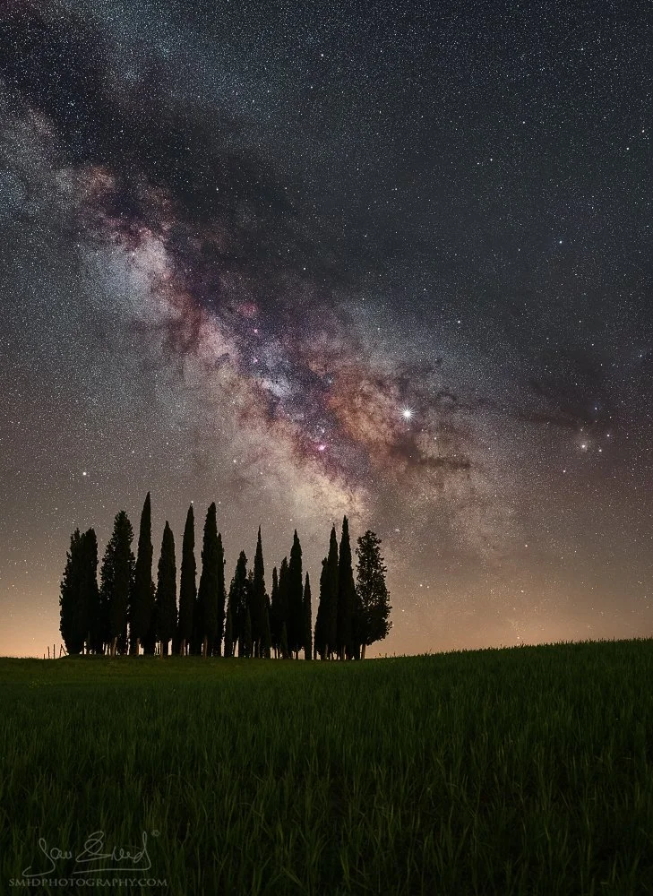 Under the Tuscan Sky: Award-winning 2019 Milky Way panorama over San Quirico d'Orcia cypress grove. Masterpiece by Jan Smid, Master QEP.