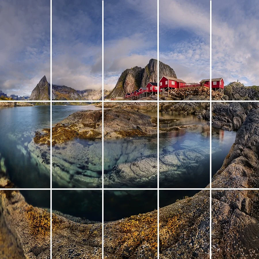 Technical illustration of a 3-row multi-row panorama composition in Lofoten by Jan Smid Master QEP for landscape photography.