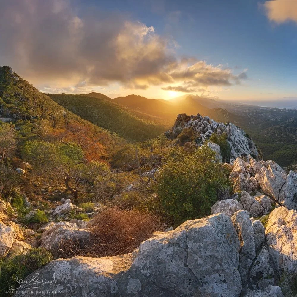 Sunset over the Kyrenia (Pentadaktylos) Mountains in Northern Cyprus with dramatic Mediterranean landscape light photographed during a Cyprus landscape photography expedition.