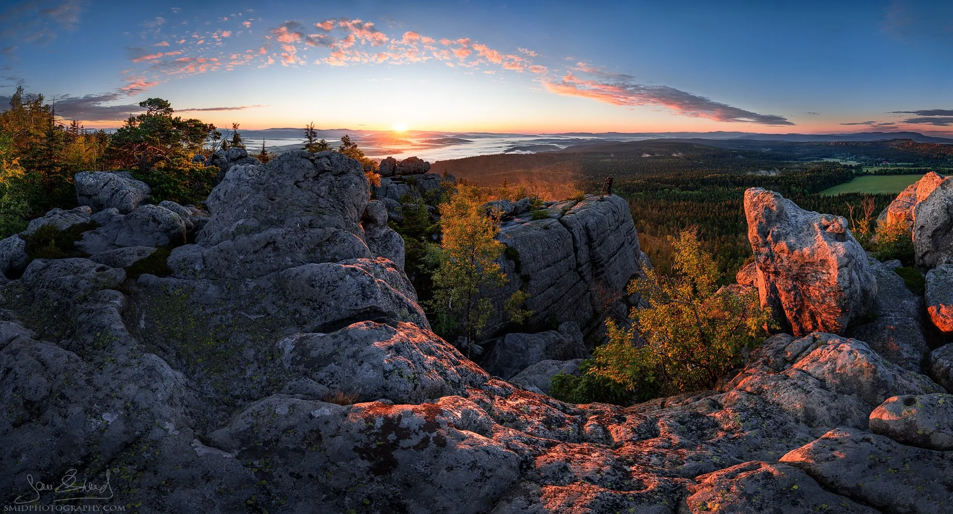 Panoramic sunrise photography of Broumov Walls titled The Clouds Gate, featuring sandstone rock formations by Jan Smid, Master QEP. Captured in 2020.