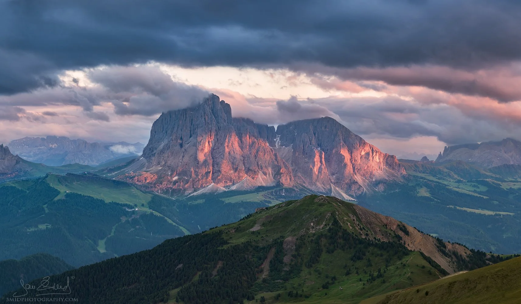 Summer sunset panorama of the Seceda ridgeline in the Dolomites, titled On the Edge of the World, by Jan Smid, Master QEP.