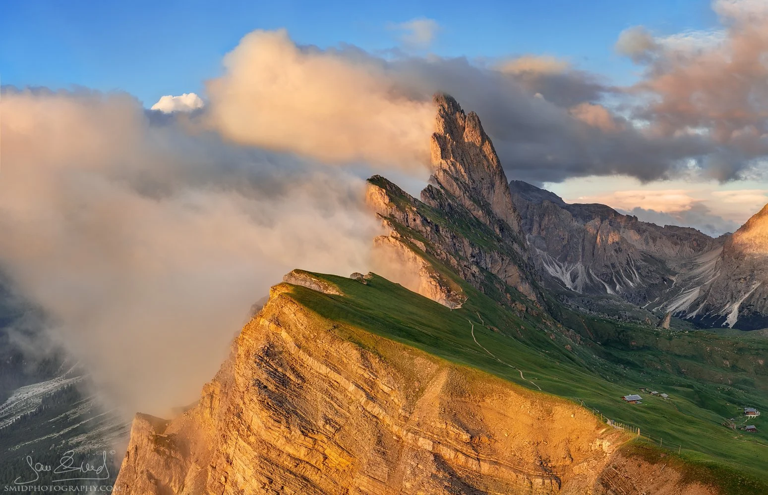 Wide summer sunset landscape of the Seceda ridgeline in the Dolomites, titled On the Edge of the World II, by Jan Smid, Master QEP.