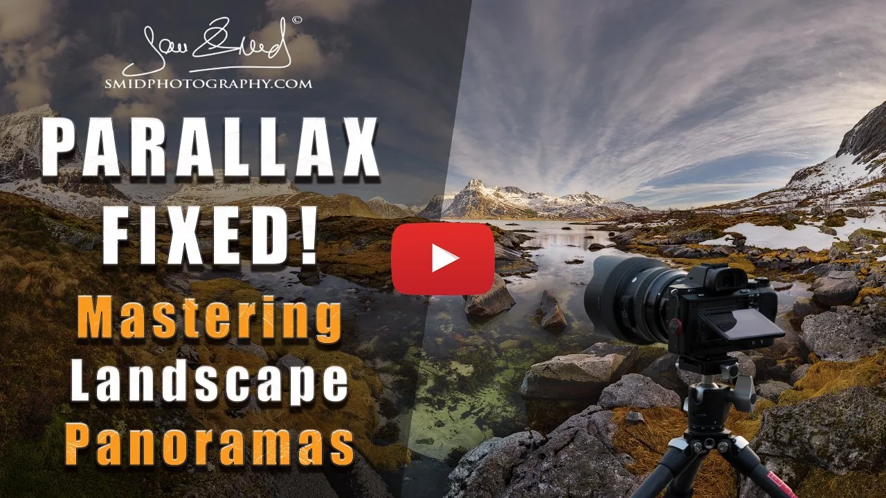 Panoramic landscape from Lofoten winter expedition with pastel sky and mountains, used as thumbnail for video ‘Fix Parallax in Panoramas — 3 Easy Field Hacks.