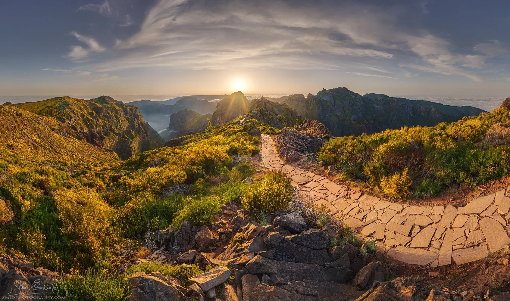 Sunset panorama at Pico do Arieiro with mountain trail and dramatic light, Madeira photo expedition 2024 led by Jan Smid, Master QEP.