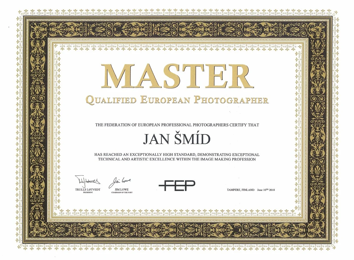 Official Master QEP (Qualified European Photographer) certificate awarded to Jan Smid. The highest European distinction in professional landscape photography.