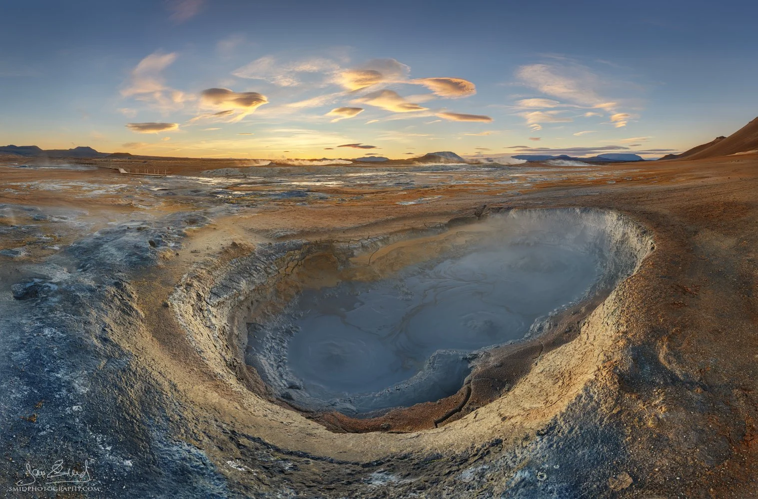 Boiling mud pot at Námafjall geothermal field, Iceland, at sunrise — panoramic fine art photograph by Jan Smid, Master QEP