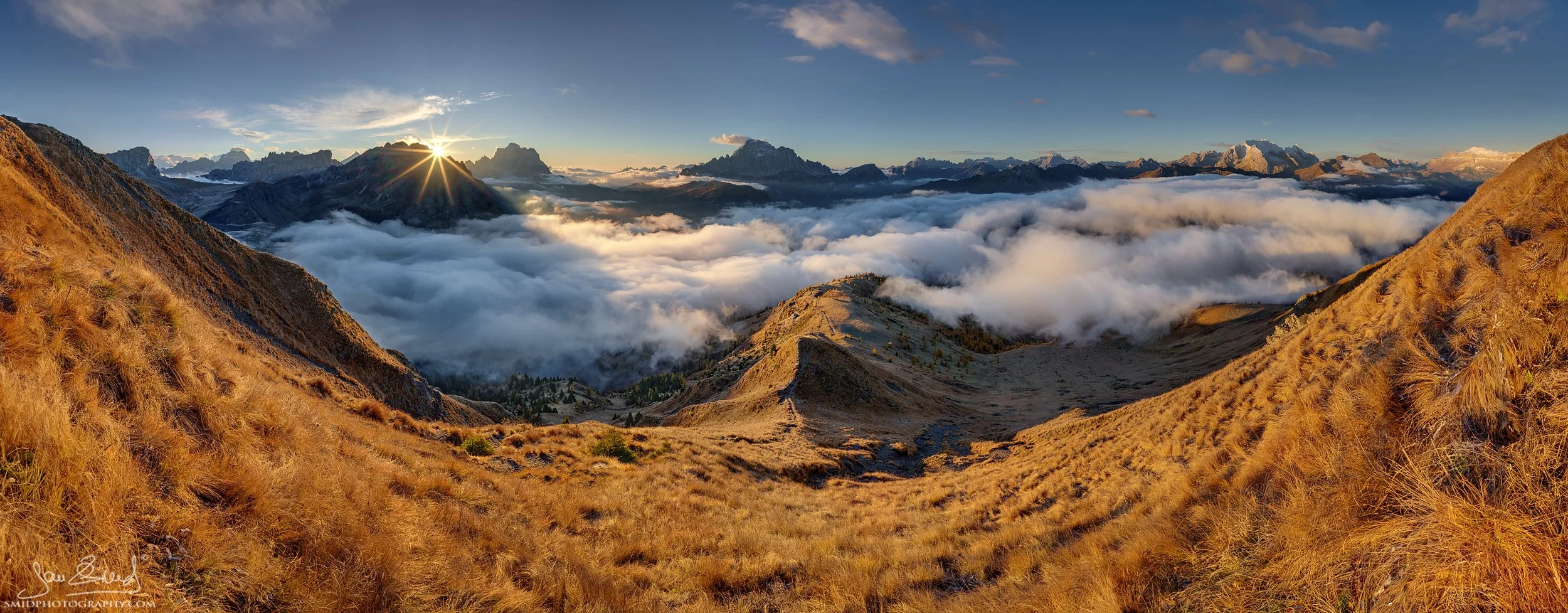 Autumn landscape panorama across two valleys in the Dolomites by Jan Smid, Master QEP.