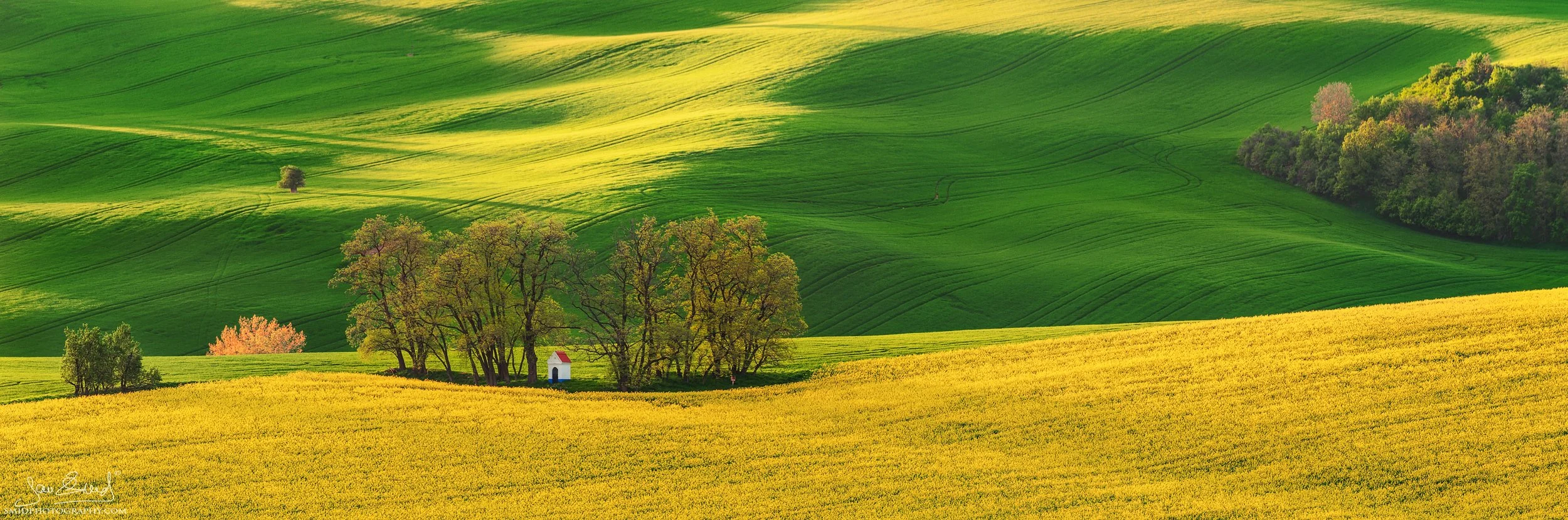 Panoramic telephoto shot of Barborka Chapel in South Moravia, titled Oasis III, by Jan Smid, Master QEP. Spring colors of the Moravian Tuscany region.