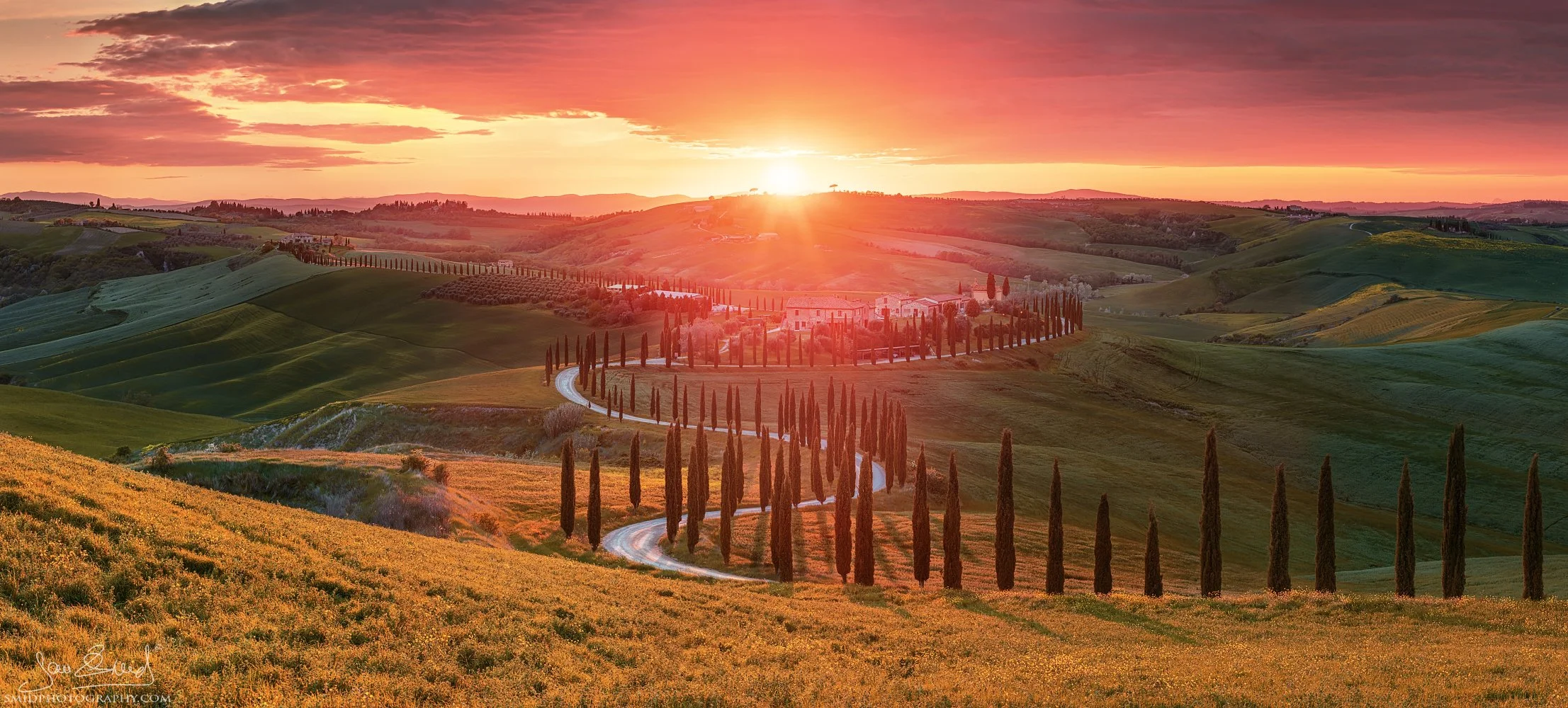 Agriturismo Baccoleno: 2019 sunset panorama of the winding cypress road near Asciano. Jan Smid, Master QEP, returning to this iconic Tuscany location since 2017.
