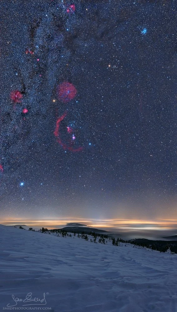 Award-winning vertical panorama of the Milky Way over a cloud inversion in the Giant Mountains, titled Dark Blue World II, by Jan Smid, Master QEP.