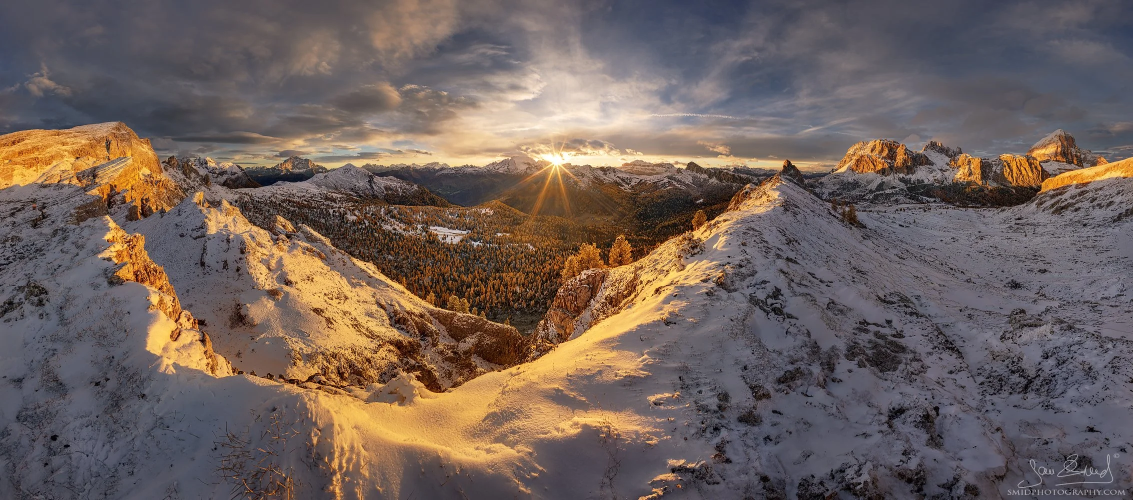 Golden larches and fresh snow at sunset above Passo Falzarego – unique Dolomites photo location discovered during our late autumn photo expedition with Jan Smid Master QEP