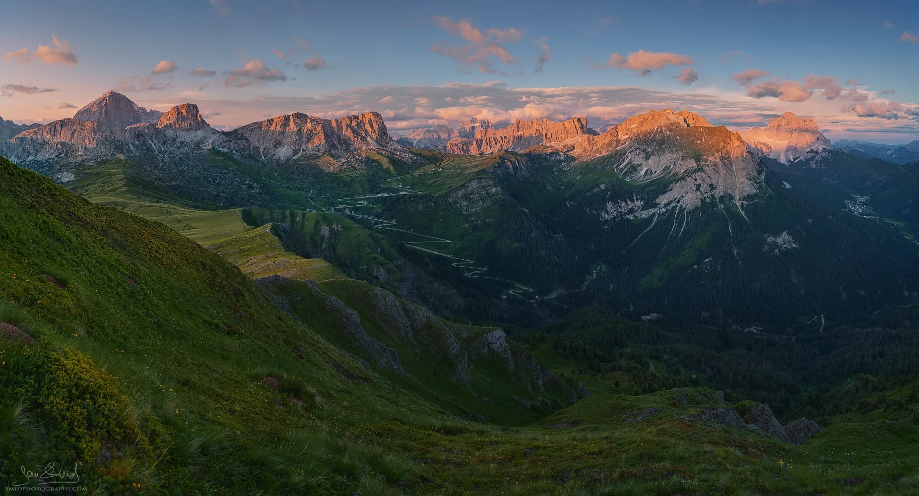 Summer sunset panorama of mountain peaks titled "Dolomite Symphony" in the Dolomites by Jan Smid, Master QEP.