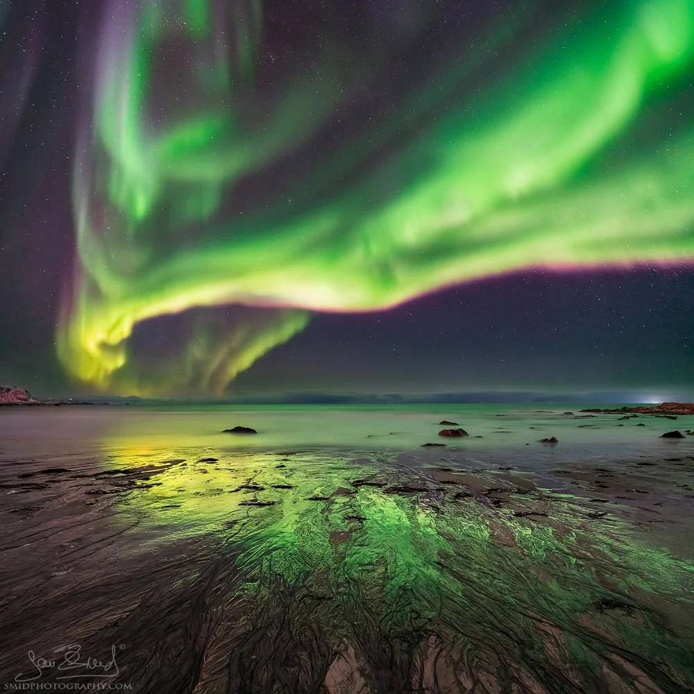 Multi-award-winning panoramic photograph "Green Skagsanden Beach" showing the Aurora Borealis reflection on the wet sand and breaking waves. Captured by Jan Smid, Master QEP, in 2019.
