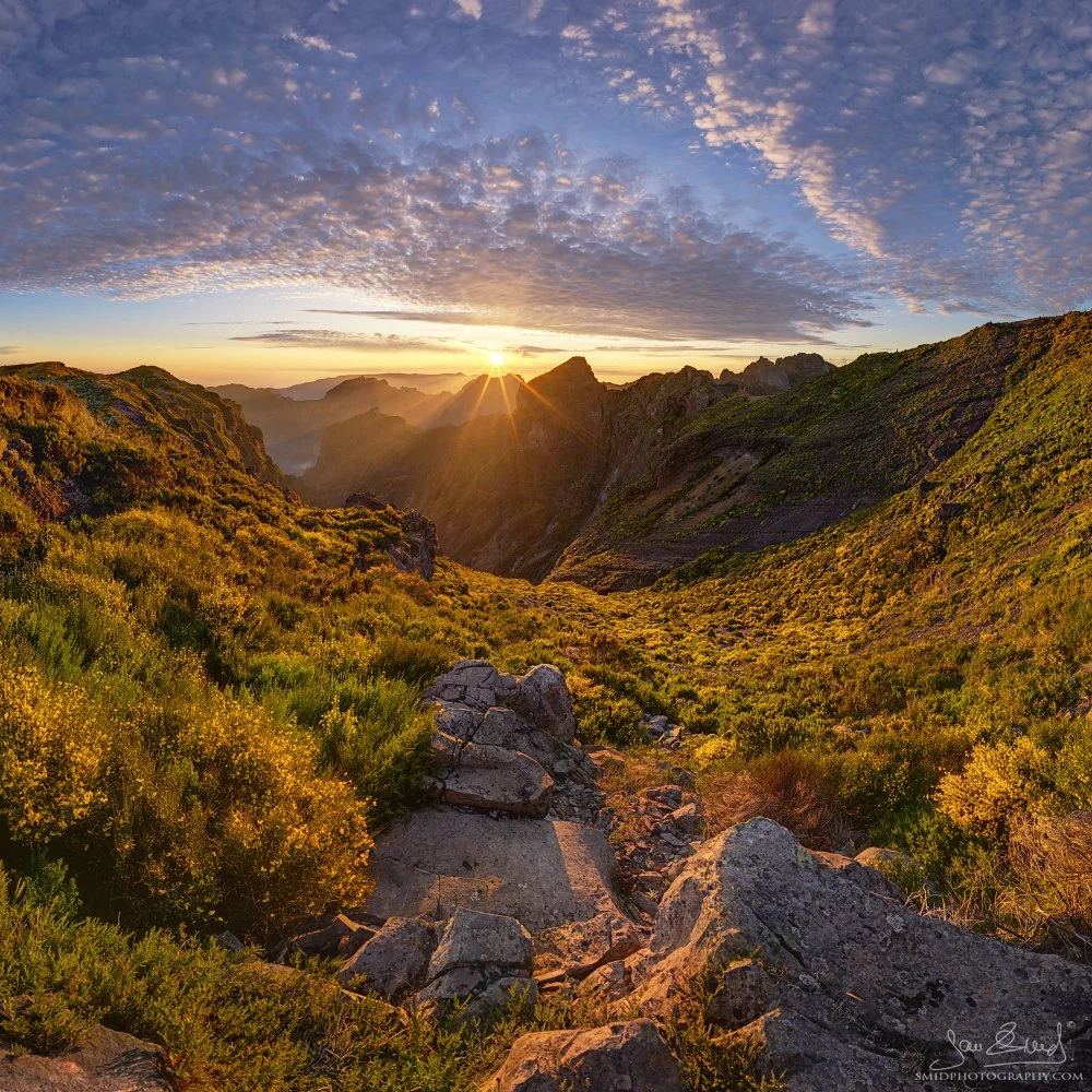 Square format landscape photograph "A Different Kind of Pico do Arieiro" featuring the dramatic, layered volcanic ridges of Madeira at sunset. Captured by Jan Smid, Master QEP, during a 2024 photography expedition.