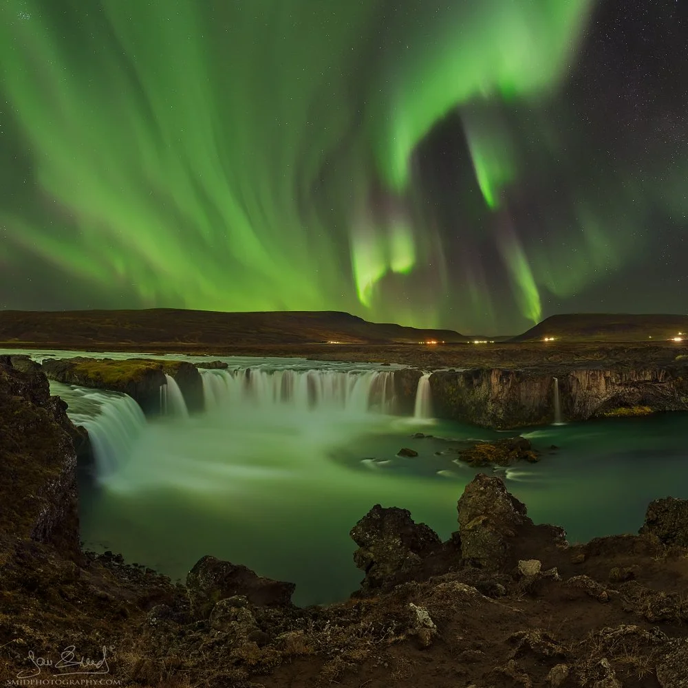 Award-winning night panorama "Waterfall of the Gods" featuring the Northern Lights (Aurora Borealis) over Godafoss waterfall, Iceland. Captured by Jan Smid, Master QEP, during a 2016 photo expedition. Iconic fine art photography masterpiece.