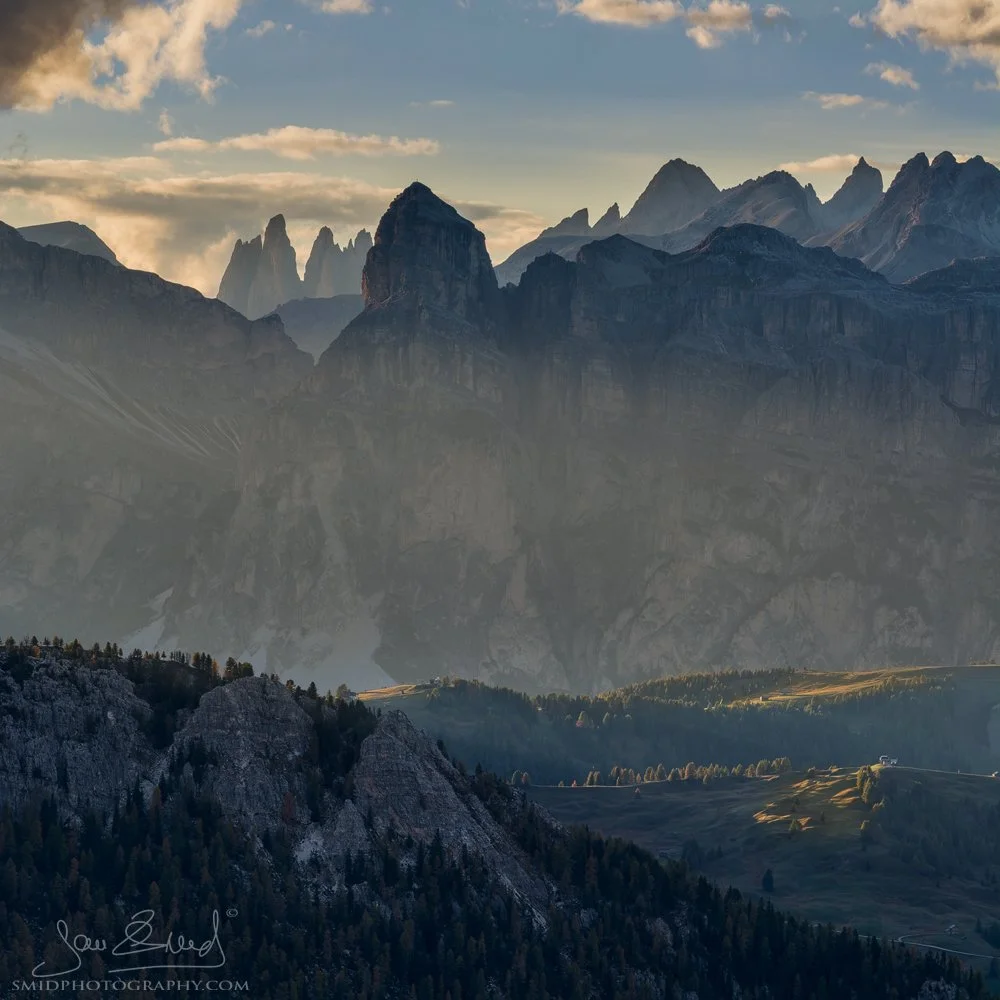 Square panorama of the Dolomites mountain peaks caught in sunlight, titled Islands of Light, by Jan Smid, Master QEP.