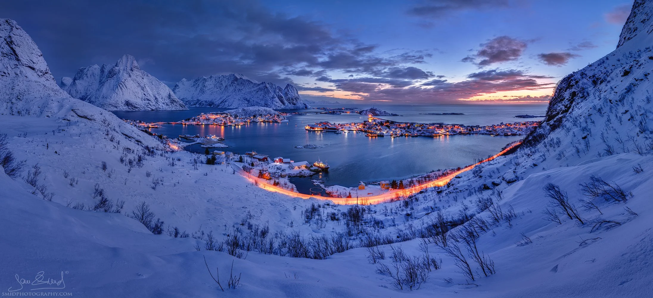 Panoramic landscape photograph "Nordic Dawn" at a unique, self-discovered coastal location in Lofoten. Captured by Jan Smid, Master QEP, in 2020 during the serene pre-sunrise hour.