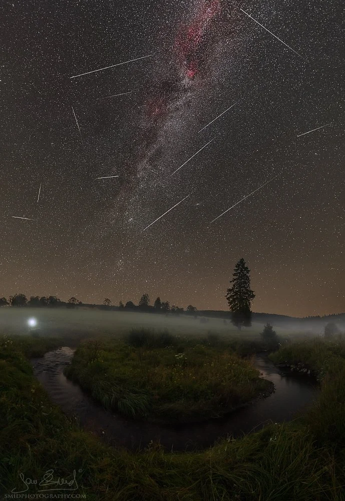 Award-winning night photography of the Milky Way and Perseid meteor shower over a chapel in Sumava, titled Magic Lantern, by Jan Smid, Master QEP. 2020.