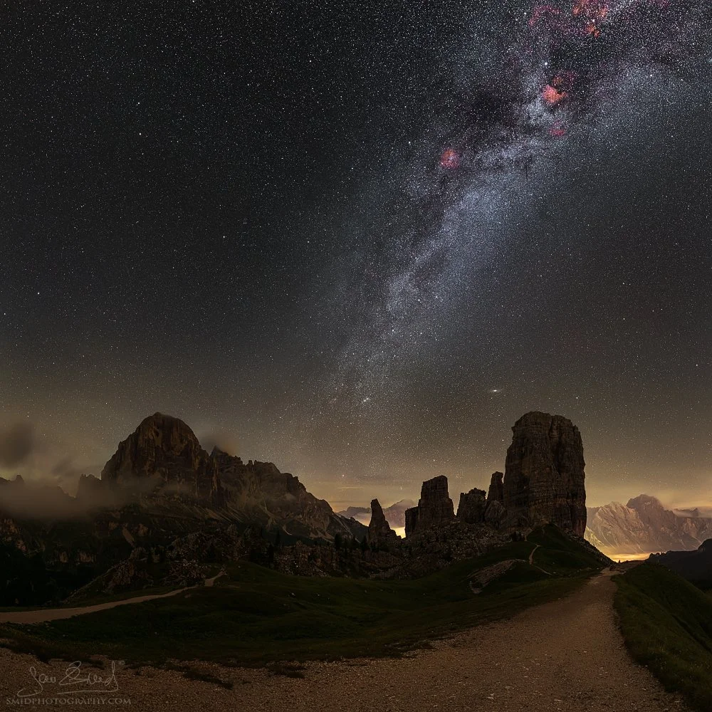 Square panorama of the Milky Way over the Cinque Torri peaks in the Dolomites, titled Five Towers, by Jan Smid, Master QEP.