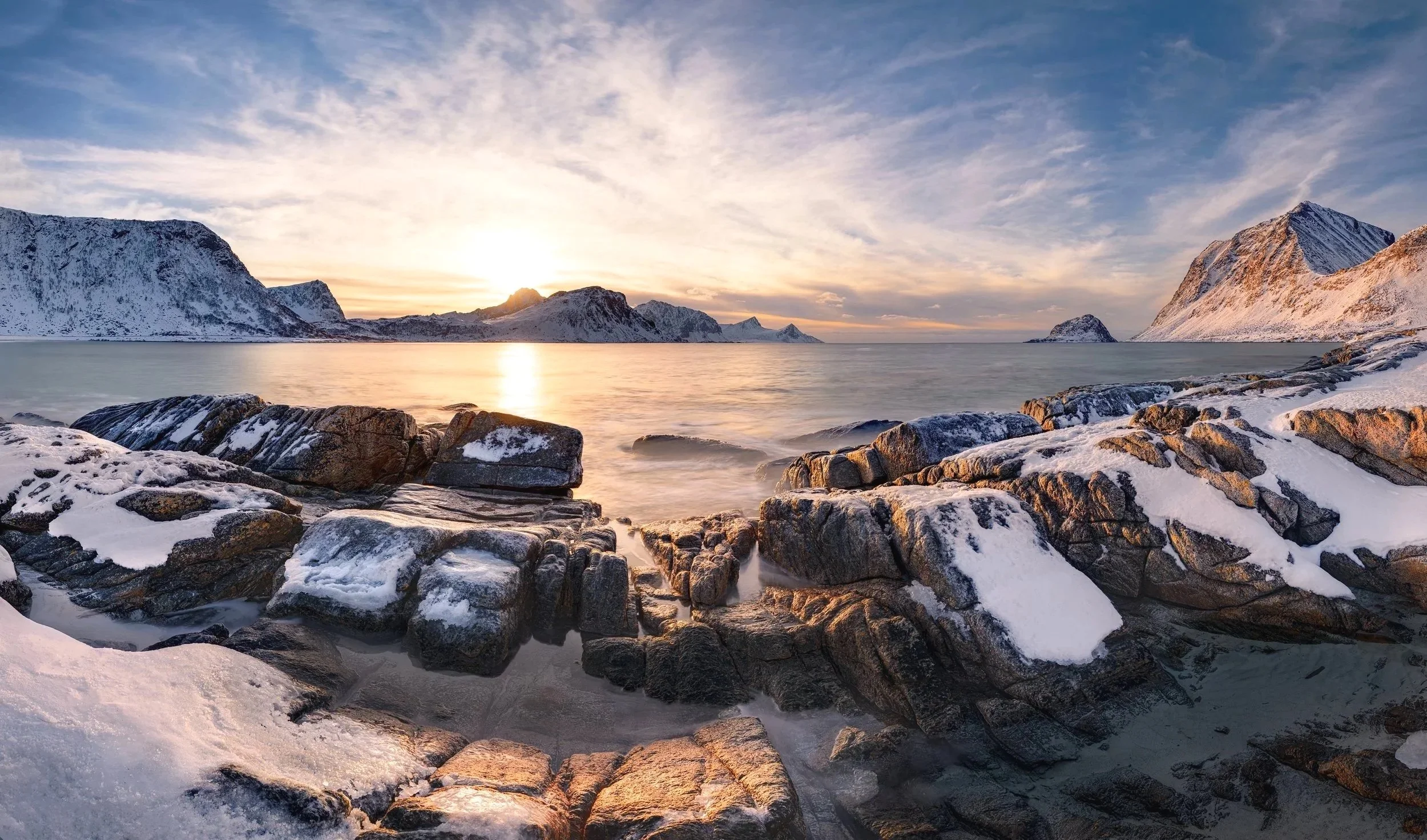 Winter Lofoten Photo Expedition 2027 — snow-covered Arctic coastline, dramatic mountains and golden winter light, Norway