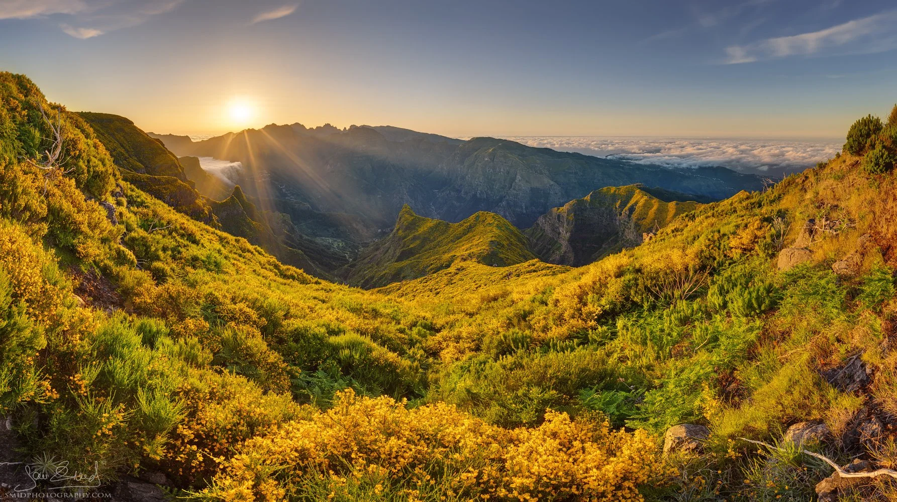 Panoramic landscape photograph "Majestic Cascade" featuring a hidden coastal waterfall on Madeira at sunrise. Captured by Jan Smid, Master QEP, during a 2024 photography expedition.
