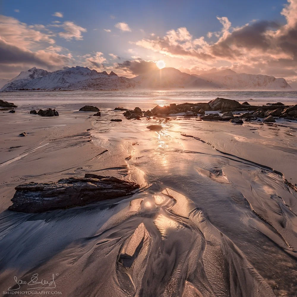 Golden sunset panorama "Golden Sands" at Ramberg beach, Lofoten Islands. Panoramic landscape photography by Jan Smid, Master QEP, captured in 2017.