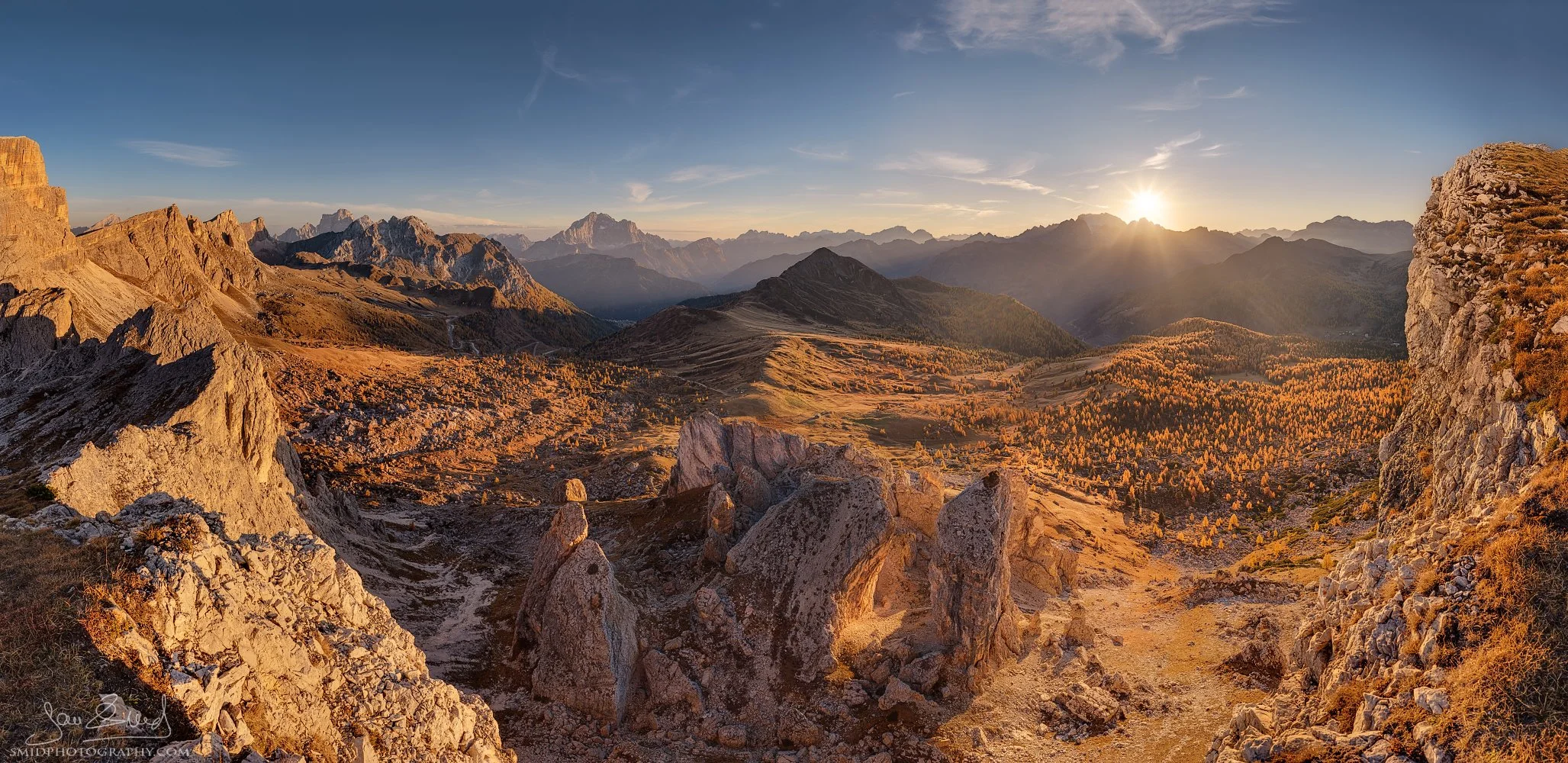 Golden sunset light on the rock formations of "Italian Stonehenge" in the Dolomites by Jan Smid, Master QEP.