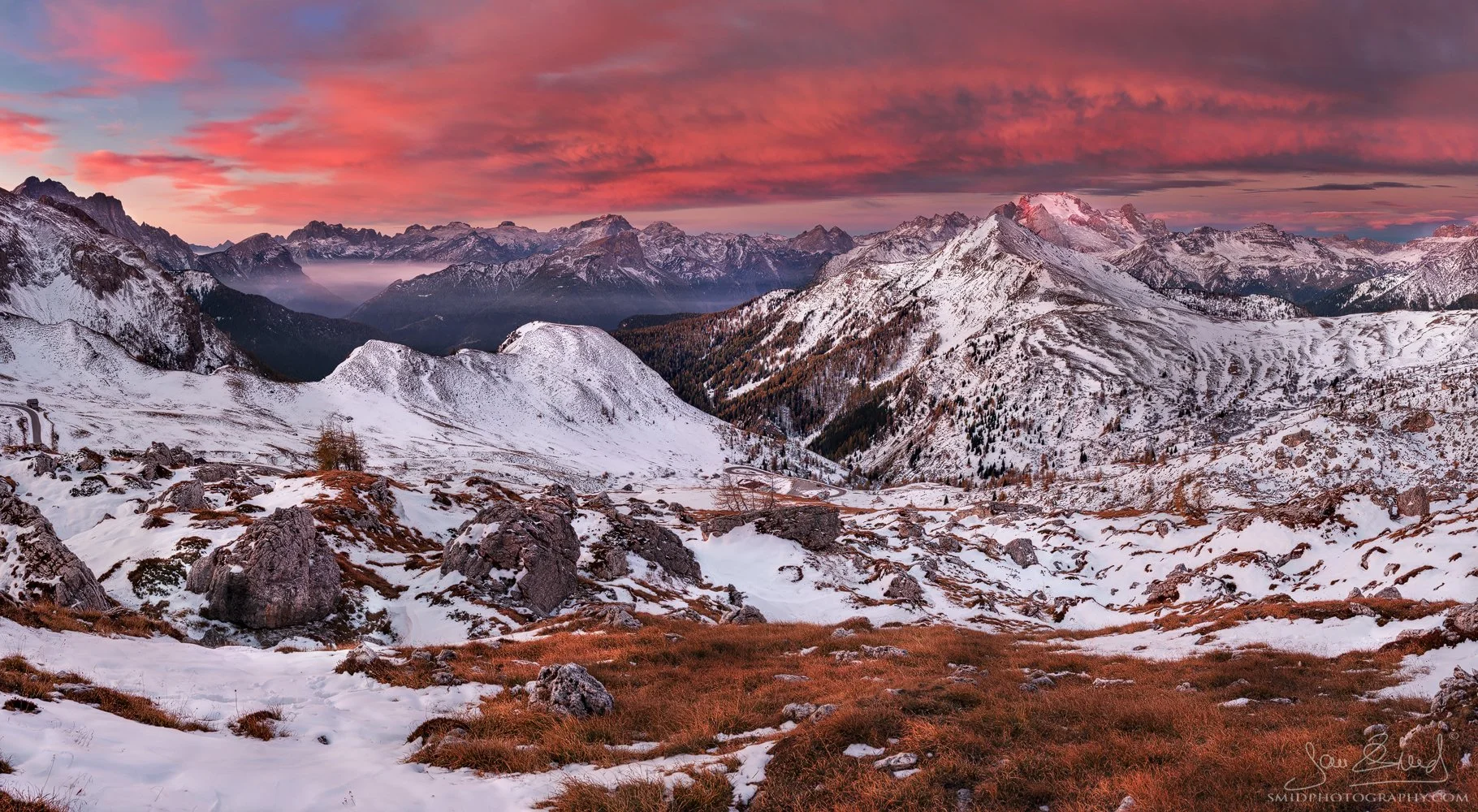 Landscape photo of a fiery pre-sunrise sky over Passo Giau in the Dolomites, titled Heavenly Explosion, by Jan Smid, Master QEP.