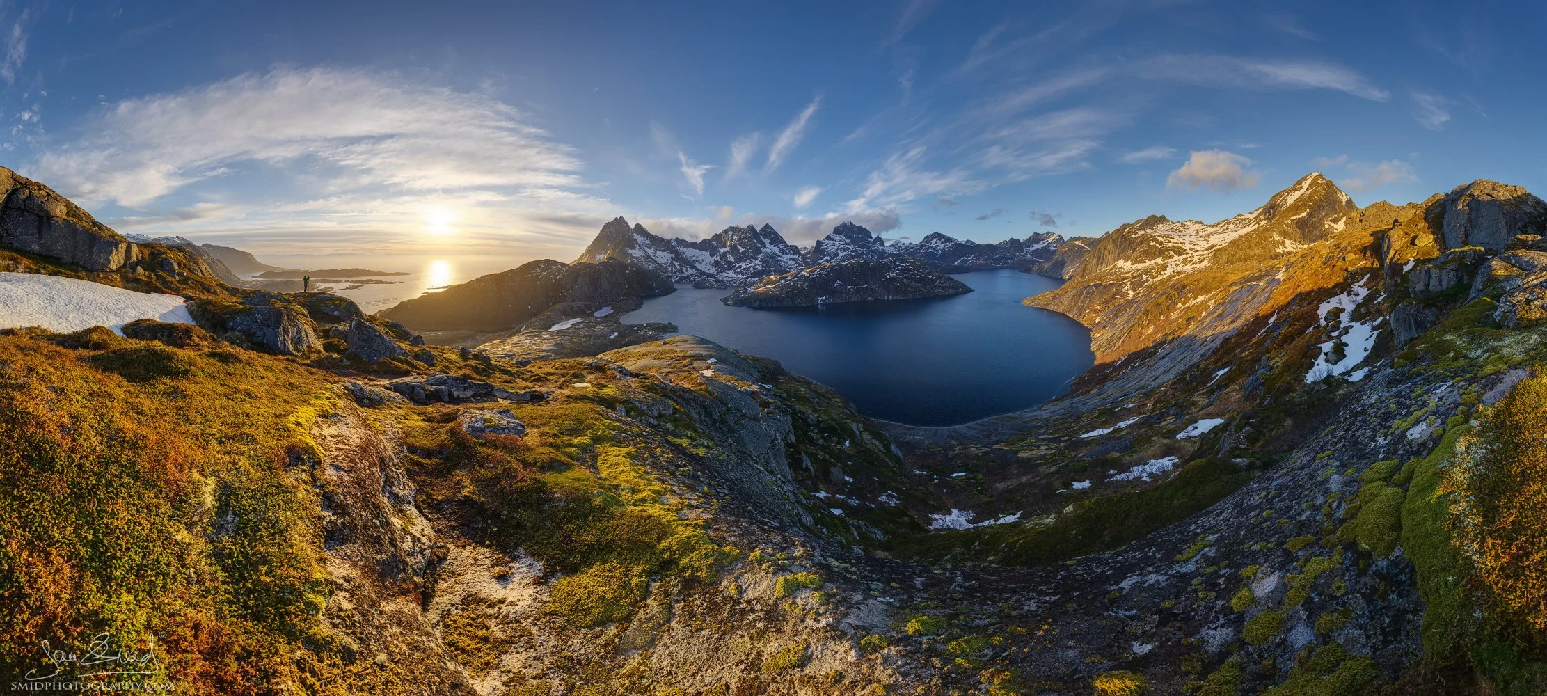360-degree winter panorama from a secret Lofoten location discovered by Jan Smid, captured during the February 2025 photo expedition with stunning sunset light and technical excellence