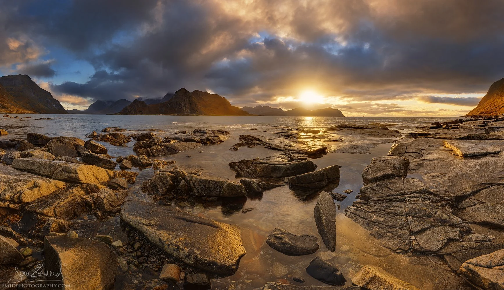 Panoramic landscape photograph "The Rocky Norwegian Sea" capturing the rugged arctic coastline and the powerful waves of the Norwegian Sea. Captured by Jan Smid, Master QEP, in 2021.