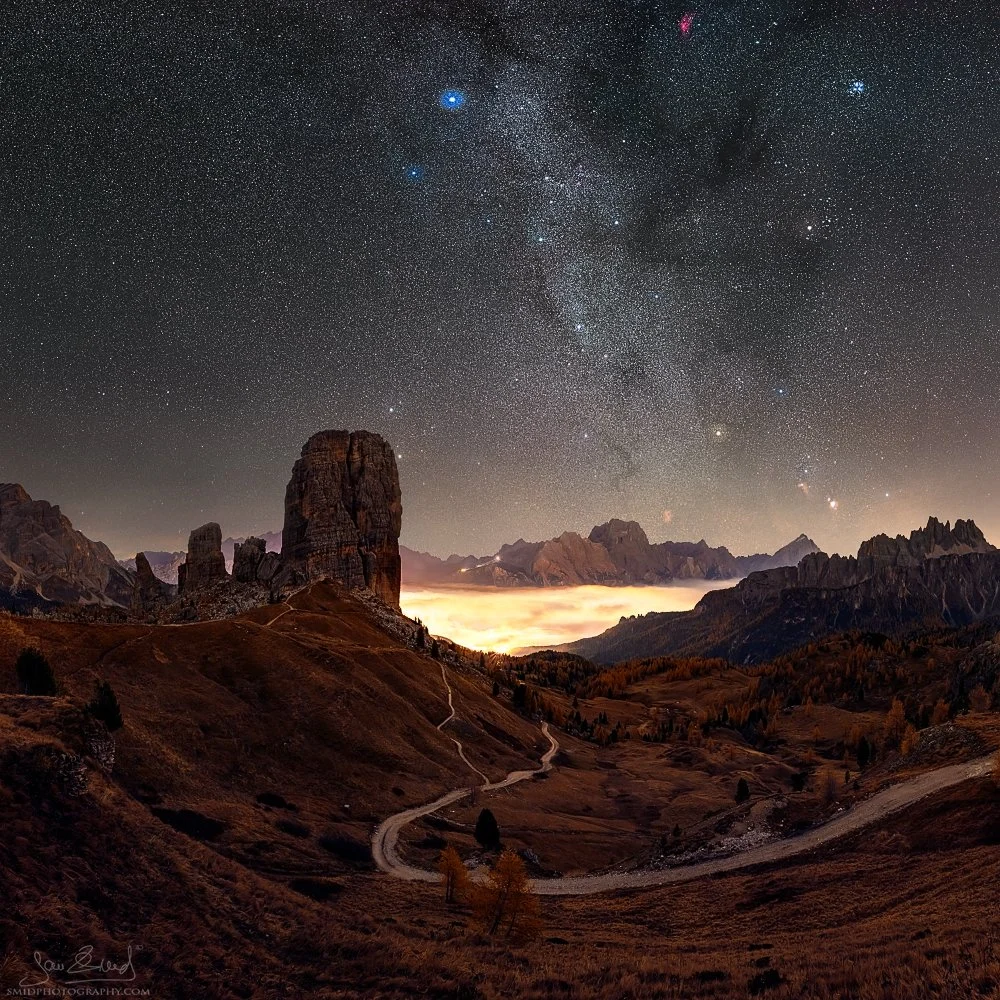 Award-winning night panorama "Ghosts of Cinque Torri" showing the Milky Way above the Dolomites by Jan Smid, Master QEP.