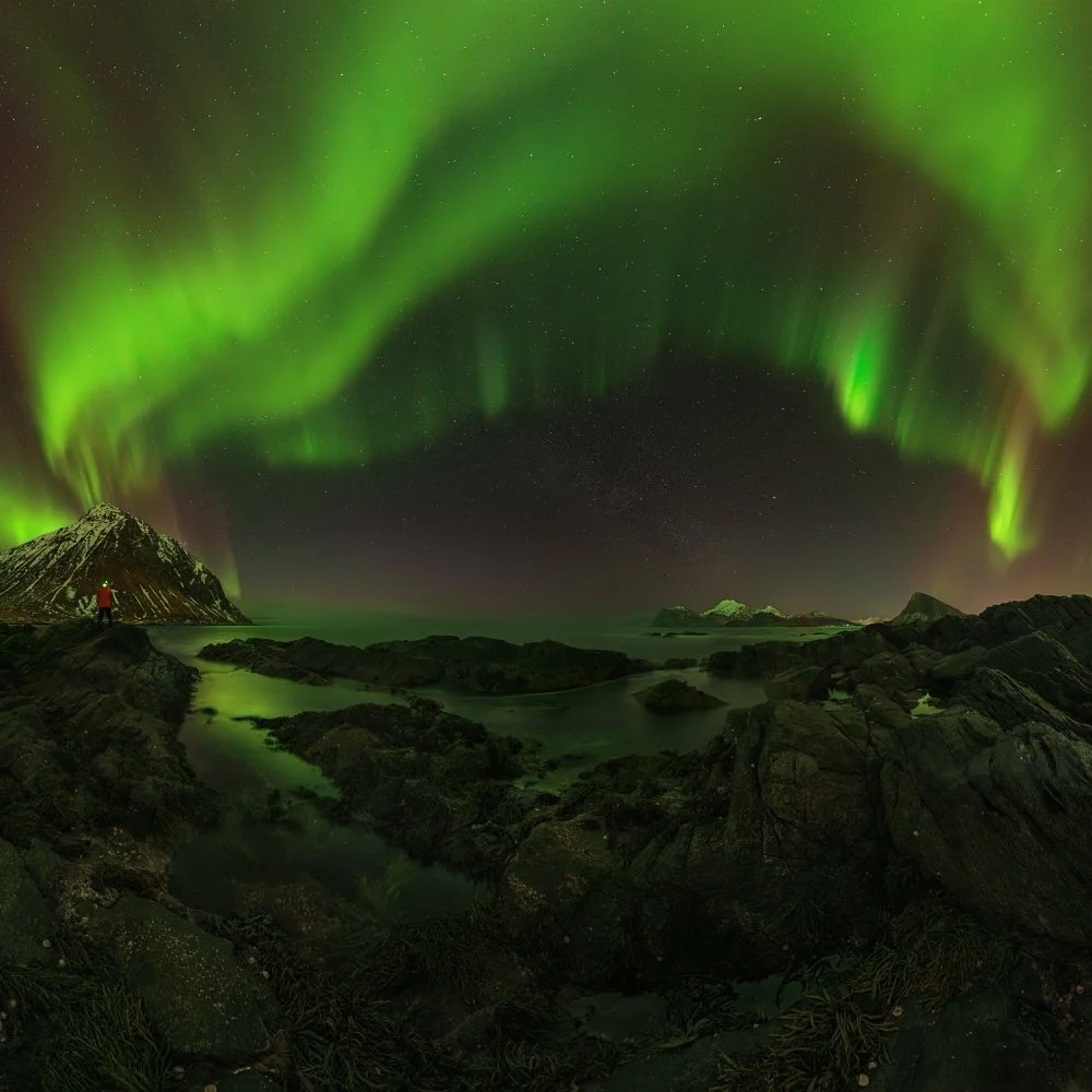 Square night panorama of subtle green-red aurora dancing above arctic seascape in Lofoten, taken during the March 2025 photo expedition led by Jan Smid, Master QEP