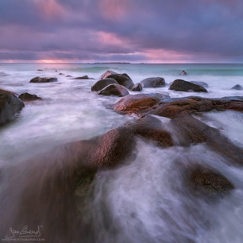 Uttakleiv beach tide panorama, square format, captured by Jan Smid, Master QEP. Long-standing Lofoten Photo Expedition portfolio since 2016.
