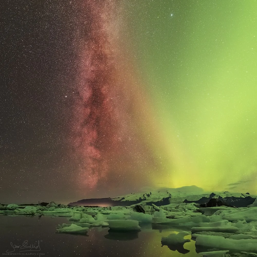 Unique night panorama titled "Milky Way versus Aurora Borealis." Rare alignment of the Milky Way galaxy and Northern Lights over Jökulsárlón glacier lagoon. Captured by Jan Smid, Master QEP, during a 2015 photo expedition. Square fine art.