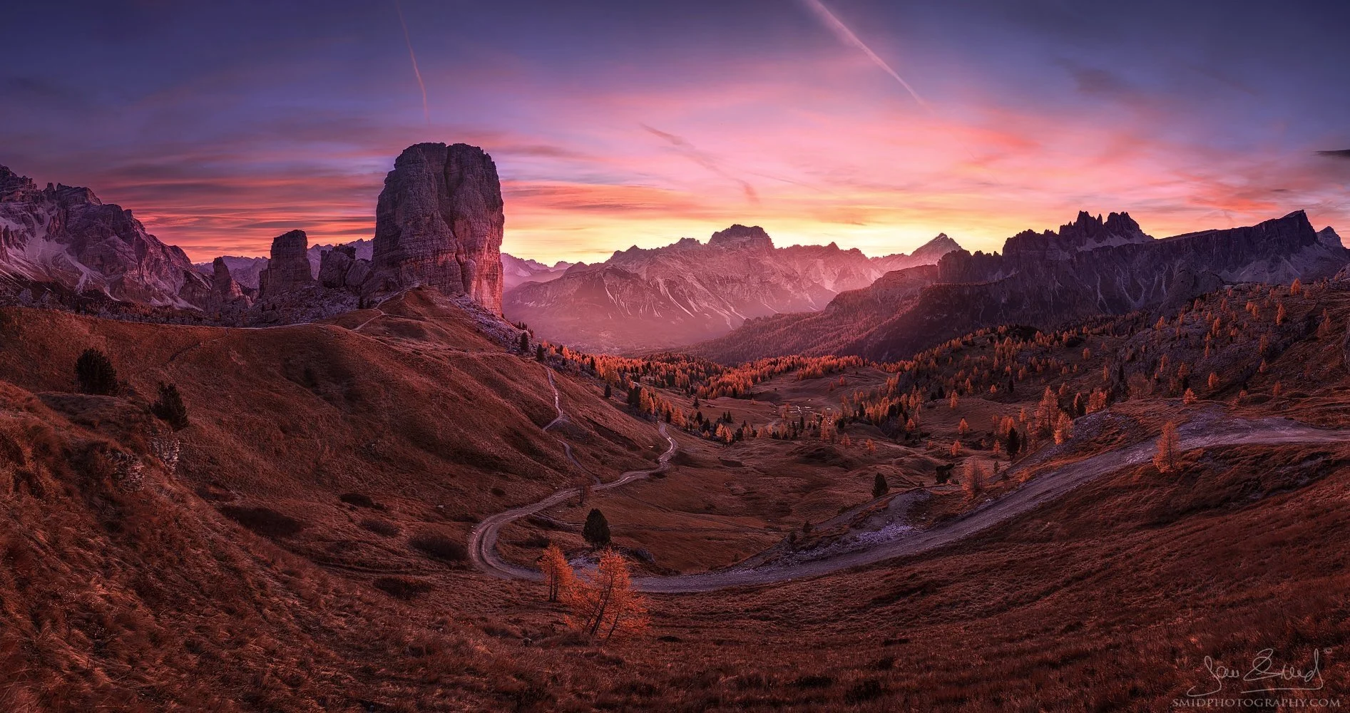 Award-winning pre-dawn panorama "The Autumn Path" at Cinque Torri, Dolomites, by Jan Smid, Master QEP.