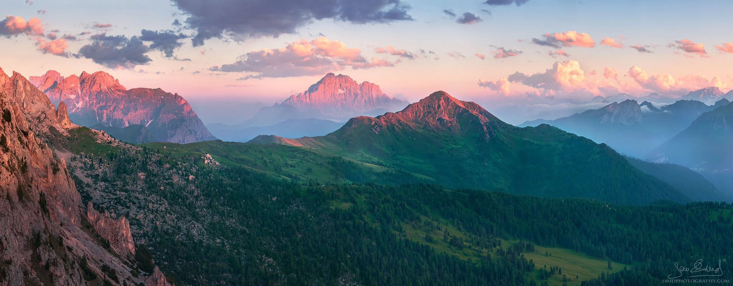 Summer sunset panorama of Dolomite peaks glowing red and purple by Jan Smid, Master QEP.