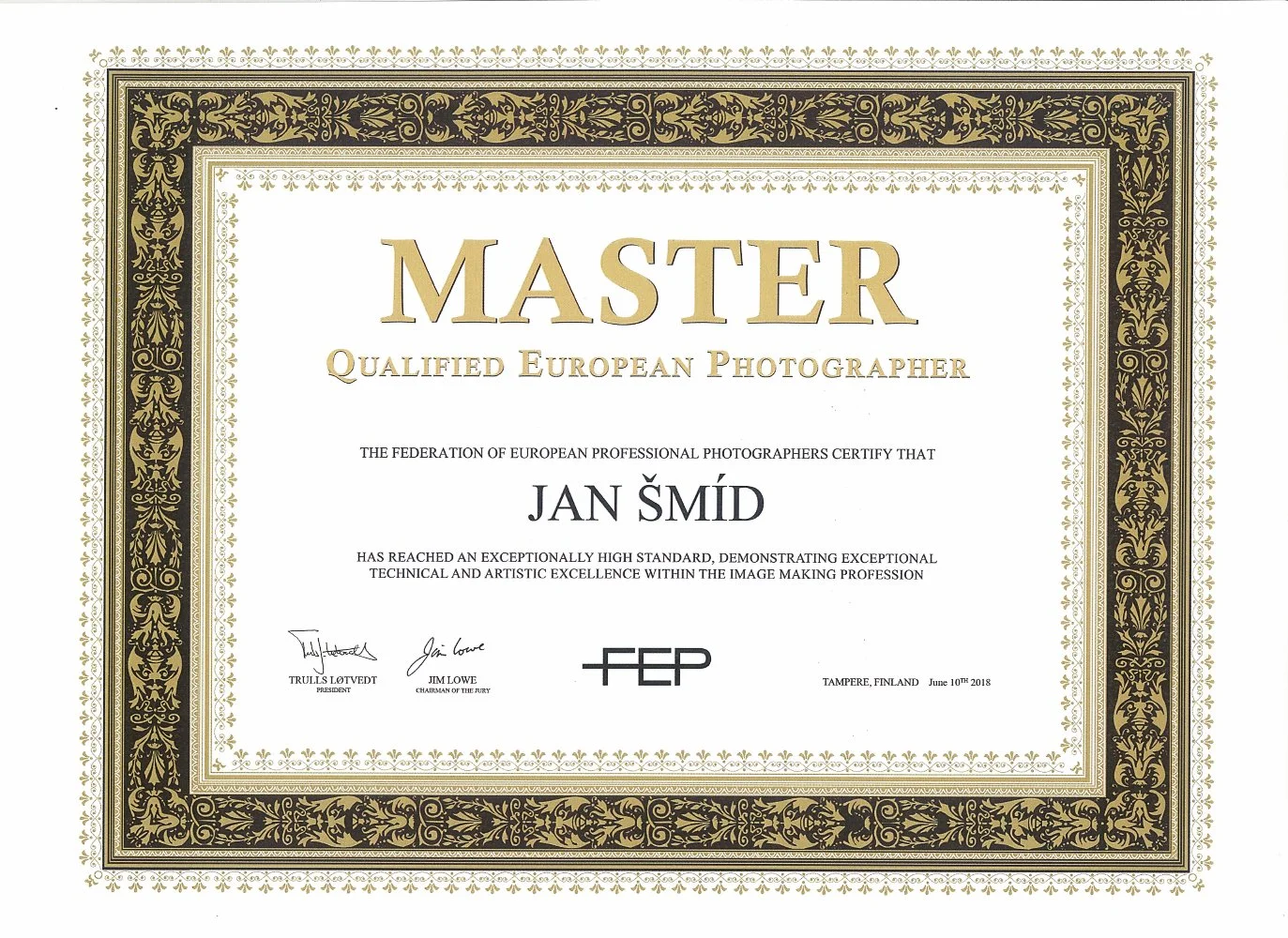Official Master QEP (Qualified European Photographer) certificate awarded to Jan Smid. The highest European distinction in professional landscape photography.