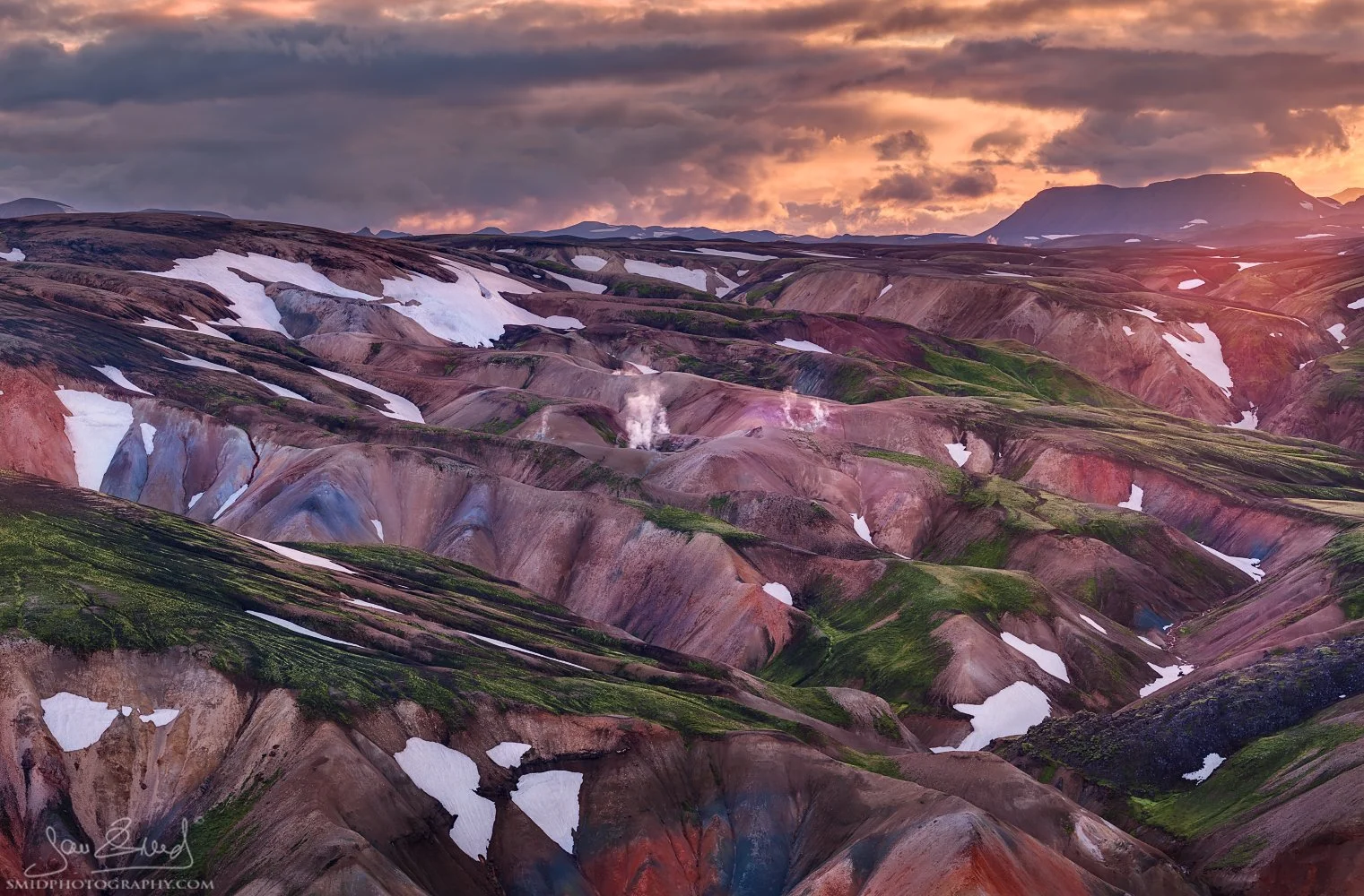 Otherworldly landscape panorama titled "On Another Planet" in Landmannalaugar, Iceland. Vibrant rhyolite mountains and volcanic terrain captured by Jan Smid, Master QEP, during a 2015 photo expedition. High-end fine art photography.