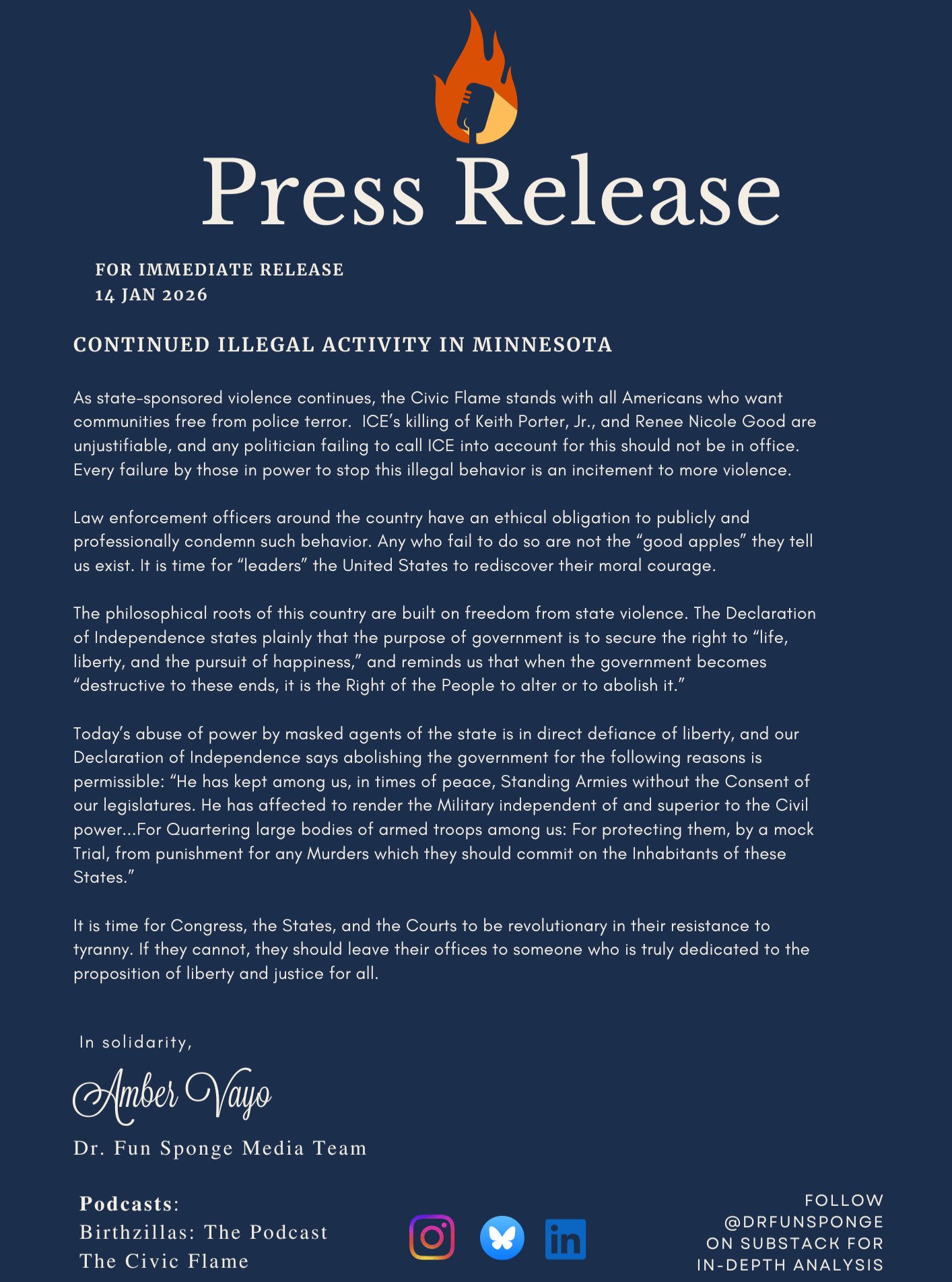 Press Release from the Civic Flame on state-sponsored violence taking place in the US now. 

#pressrelease #unitedstates #thecivicflame #stateviolence #ice