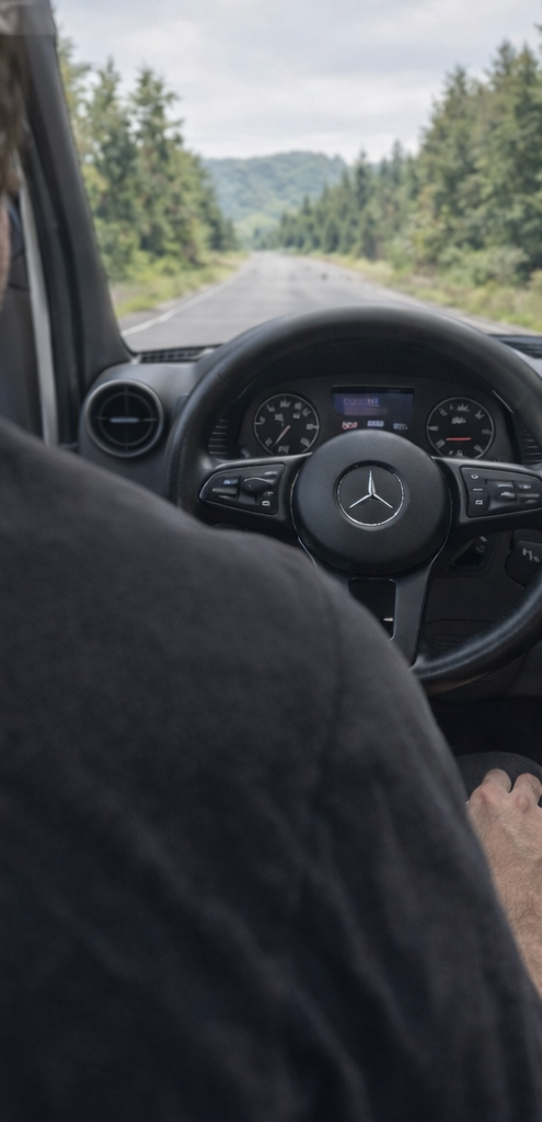 View from inside a car showing a Mercedes-Benz steering wheel and dashboard, driving on a scenic rural road surrounded by trees and mountains.
